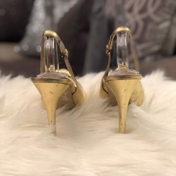 NINE WEST NWLUXIOUS  Gold Peep Toe Slingback Heels - Picture 4 of 5